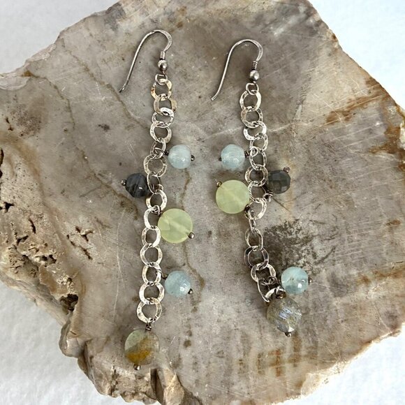 Sterling Silver 925 Multi Gemstone Multi Chain Necklace & Earrings Set 17" - Picture 8 of 16